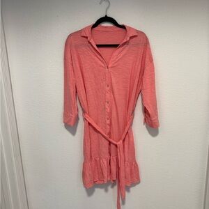 Coral Button-Up Dress with Belt